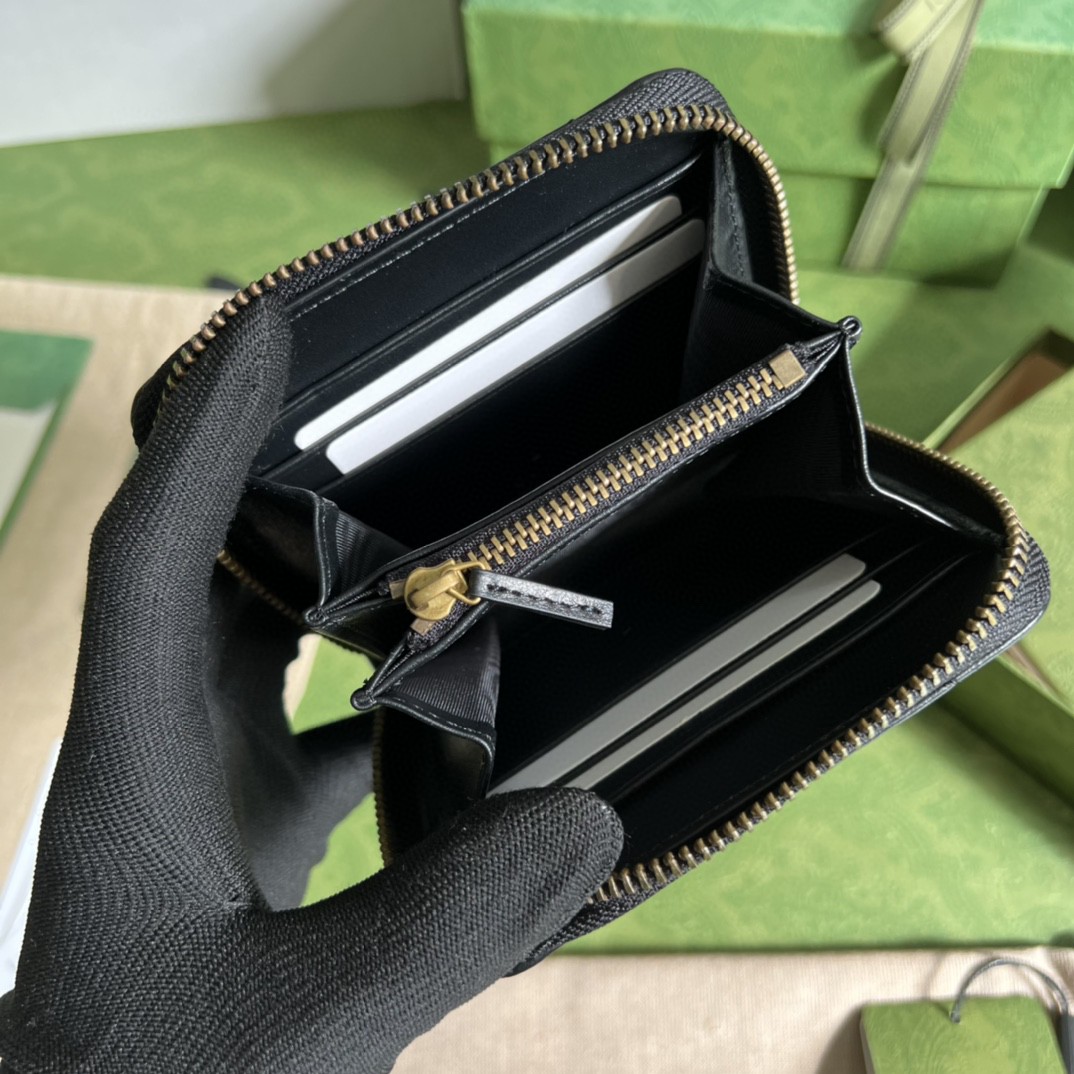 GUCCI 古驰 GG Marmont 系列马蒙金标Logo 珩缝拉链短款 钱夹 零钱包 钱包 女款 黑色