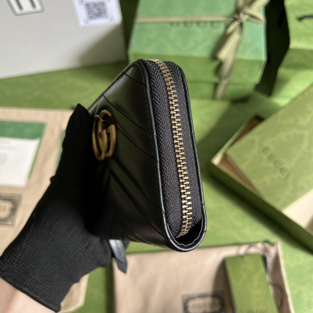 GUCCI 古驰 GG Marmont 系列马蒙金标Logo 珩缝拉链短款 钱夹 零钱包 钱包 女款 黑色