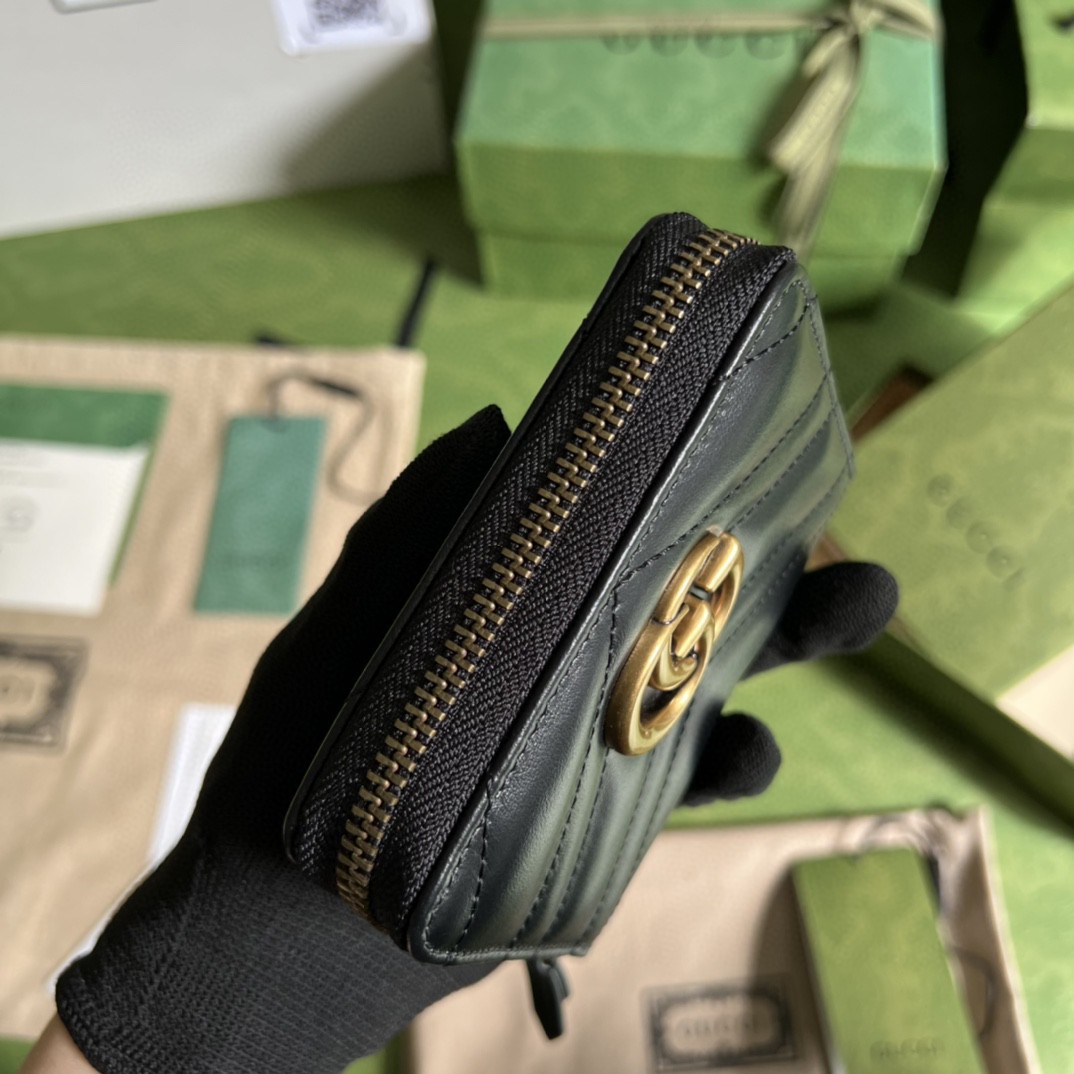 GUCCI 古驰 GG Marmont 系列马蒙金标Logo 珩缝拉链短款 钱夹 零钱包 钱包 女款 黑色