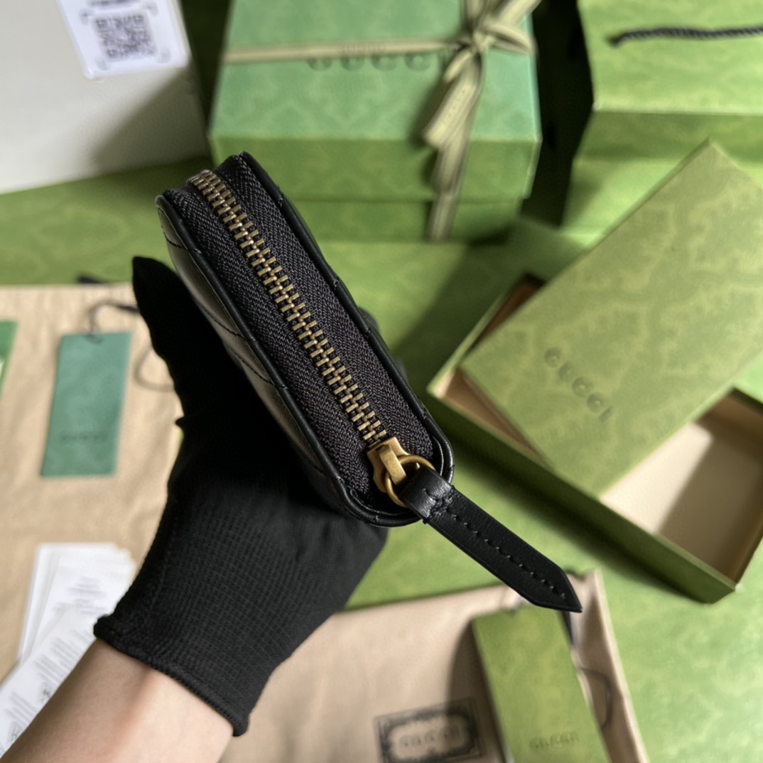 GUCCI 古驰 GG Marmont 系列马蒙金标Logo 珩缝拉链短款 钱夹 零钱包 钱包 女款 黑色