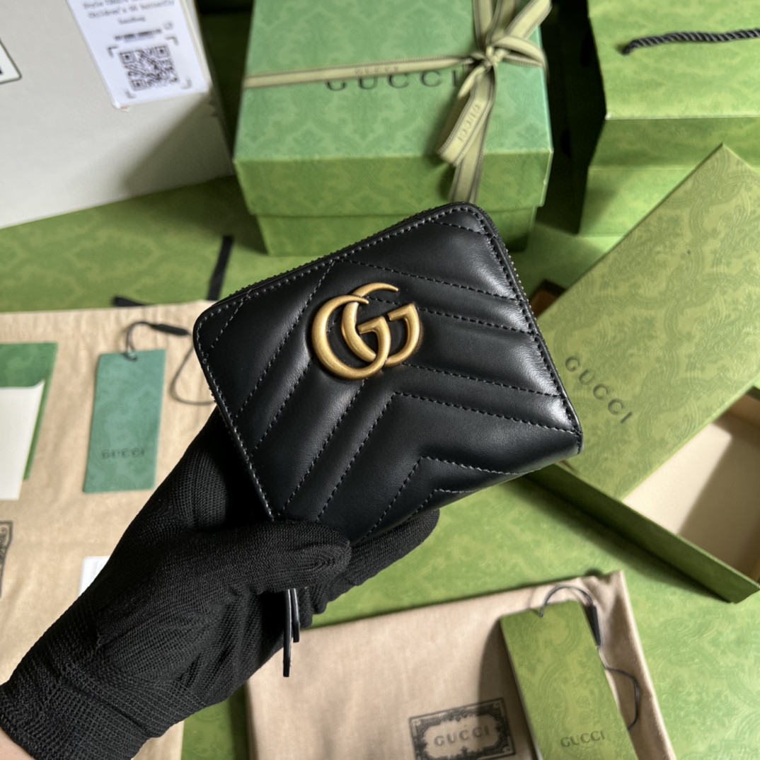 GUCCI 古驰 GG Marmont 系列马蒙金标Logo 珩缝拉链短款 钱夹 零钱包 钱包 女款 黑色