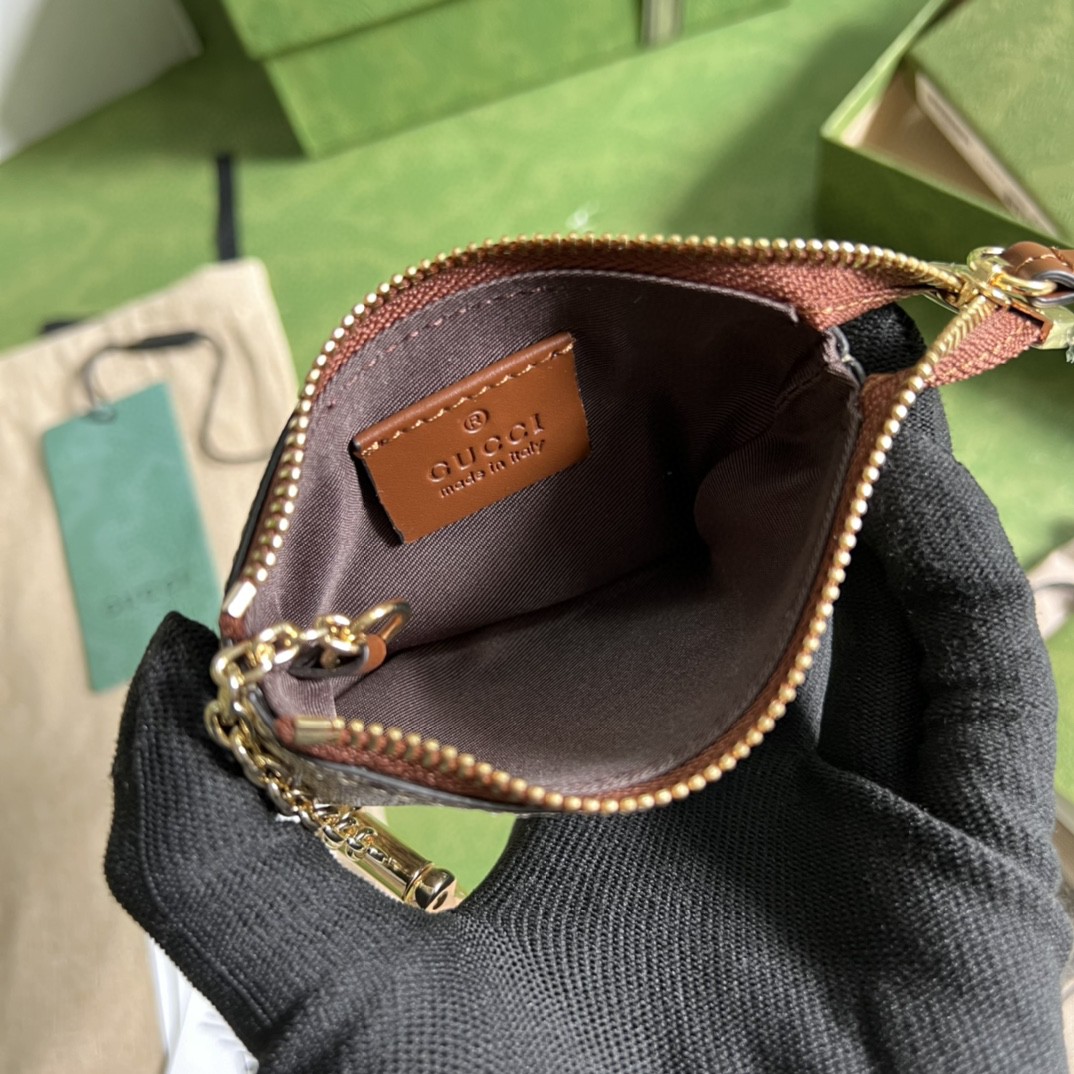 GUCCI 古驰 老花Logo 吊饰帆布拼皮 钥匙包 零钱包 男女同款 棕色 447964-KLQHG-8526