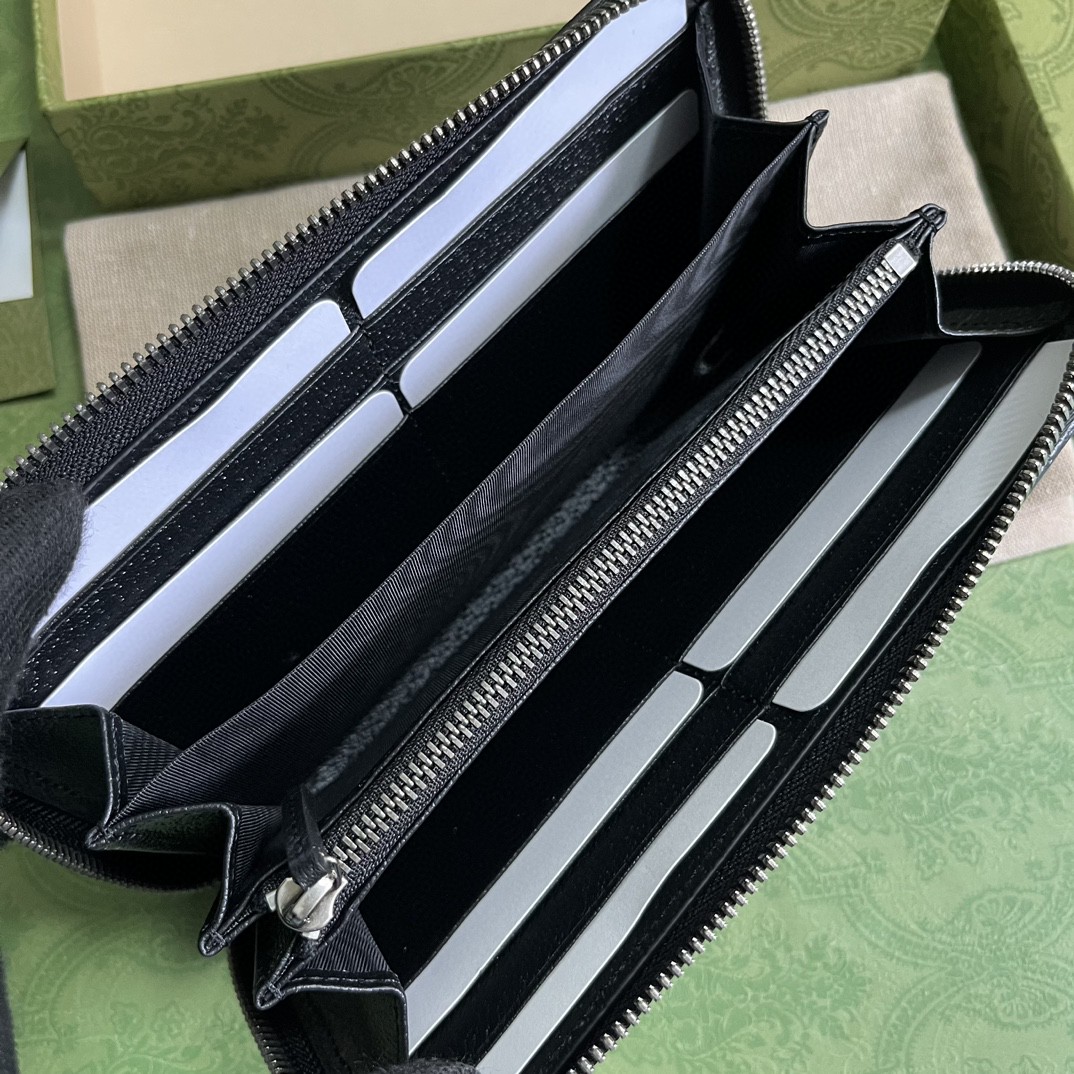 GUCCI 古驰 Jumbo GG 图案印花拉链帆布拼皮 钱夹 钱包 男款 黑色 699316-FABGN-1000