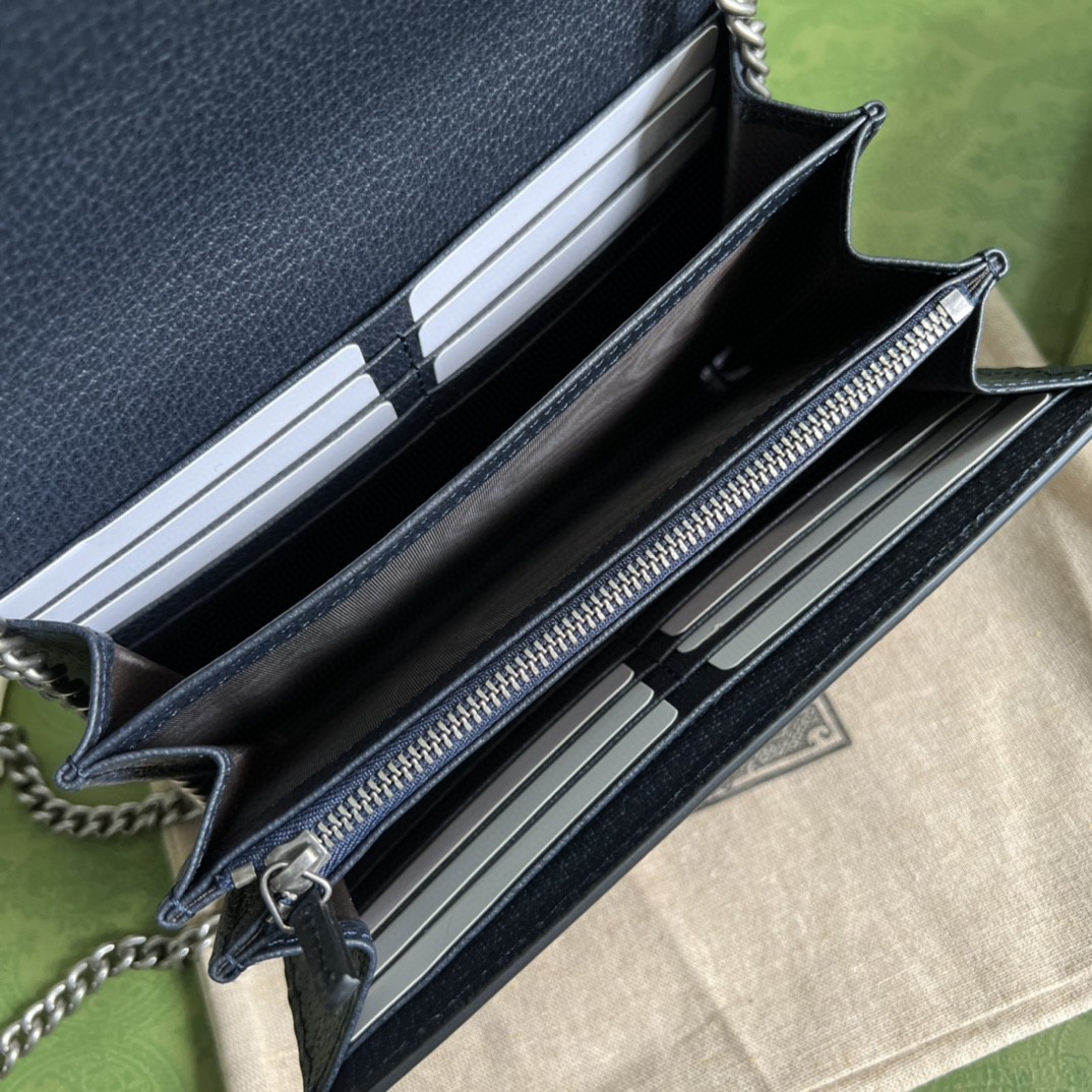 GUCCI 古驰 Dionysus 酒神虎头扣标志老花印花帆布拼皮链条 钱包 斜挎单 肩包包 迷你 女款 蓝色 401231-K9GSN-4075