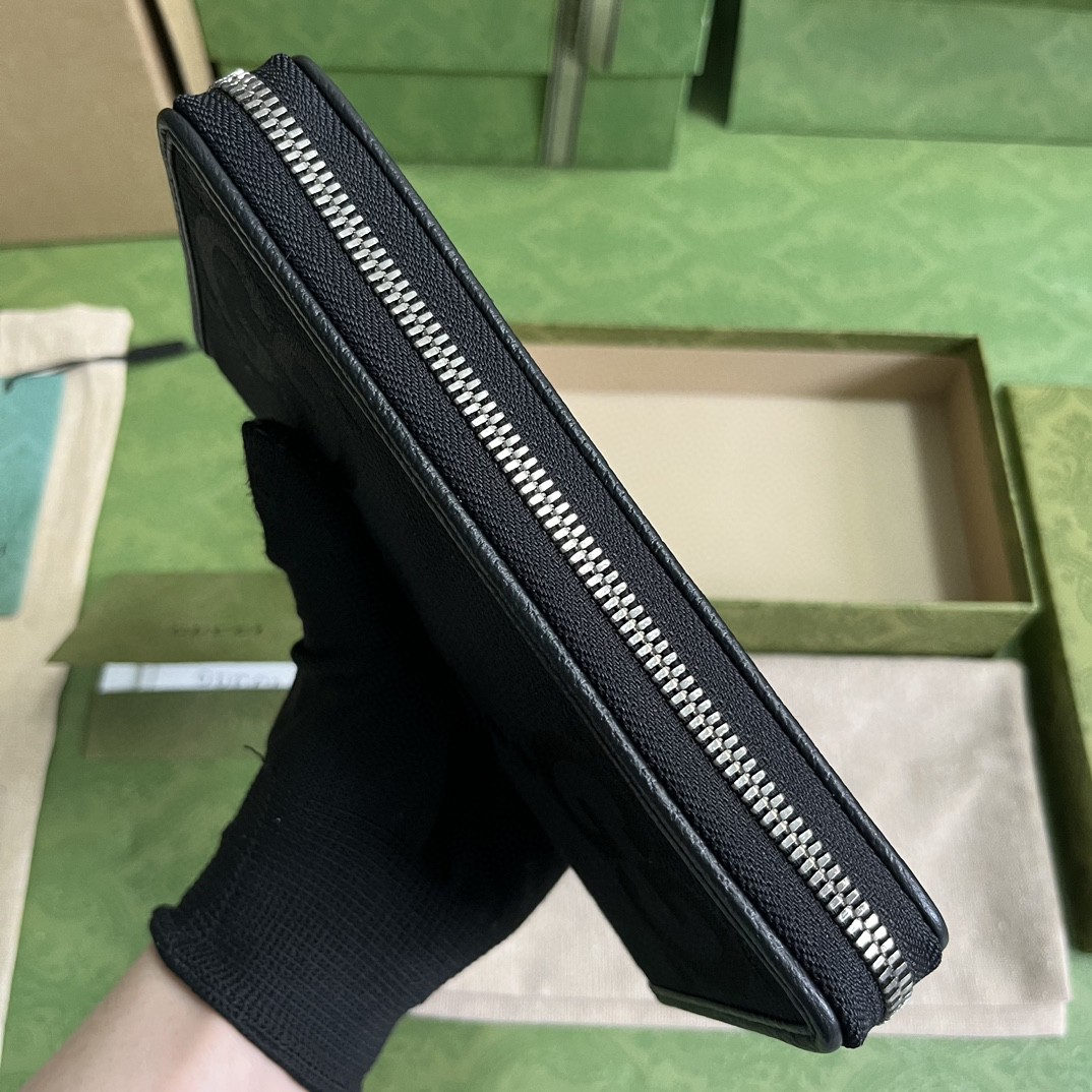 GUCCI 古驰 Jumbo GG 图案印花拉链帆布拼皮 钱夹 钱包 男款 黑色 699316-FABGN-1000