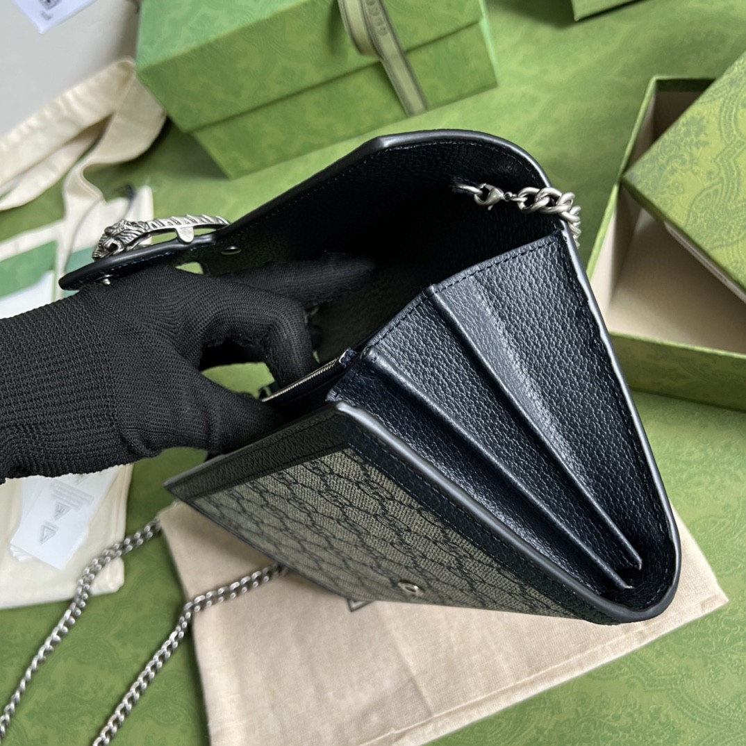 GUCCI 古驰 Dionysus 酒神虎头扣标志老花印花帆布拼皮链条 钱包 斜挎单 肩包包 迷你 女款 蓝色 401231-K9GSN-4075