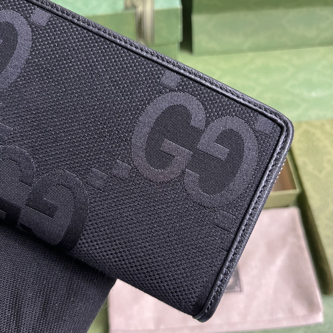 GUCCI 古驰 Jumbo GG 图案印花拉链帆布拼皮 钱夹 钱包 男款 黑色 699316-FABGN-1000
