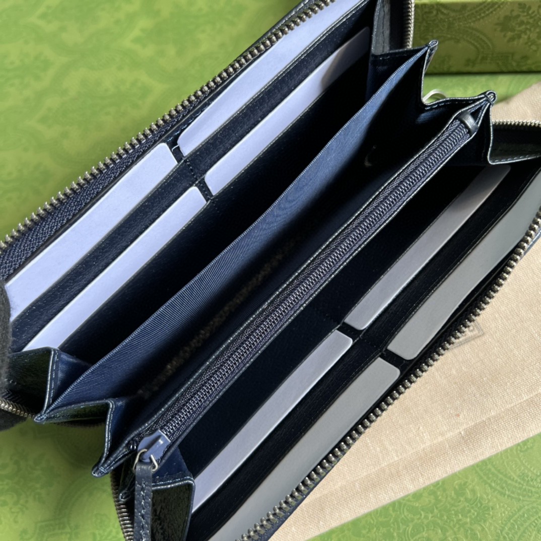 GUCCI 古驰 老花Logo 互扣式双G徽标 长款 拉链帆布拼皮革 钱夹 钱包 男女同款 蓝色 673003-K9GSN-4075