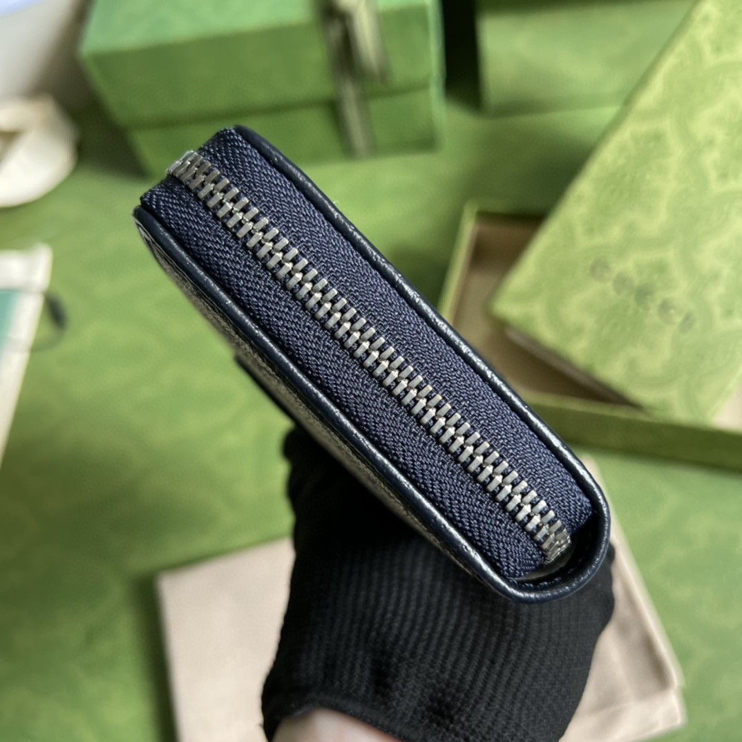 GUCCI 古驰 老花Logo 互扣式双G徽标 长款 拉链帆布拼皮革 钱夹 钱包 男女同款 蓝色 673003-K9GSN-4075