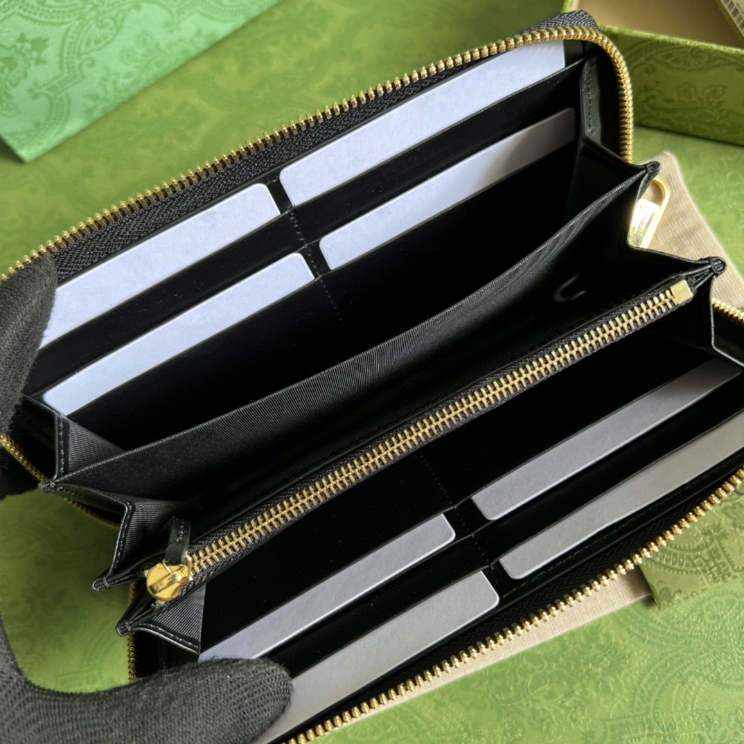 GUCCI 古驰 金属饰面拉链开合 双G珩缝 长款 皮革 钱包 女款 黑色 723784-UM8IG-1000