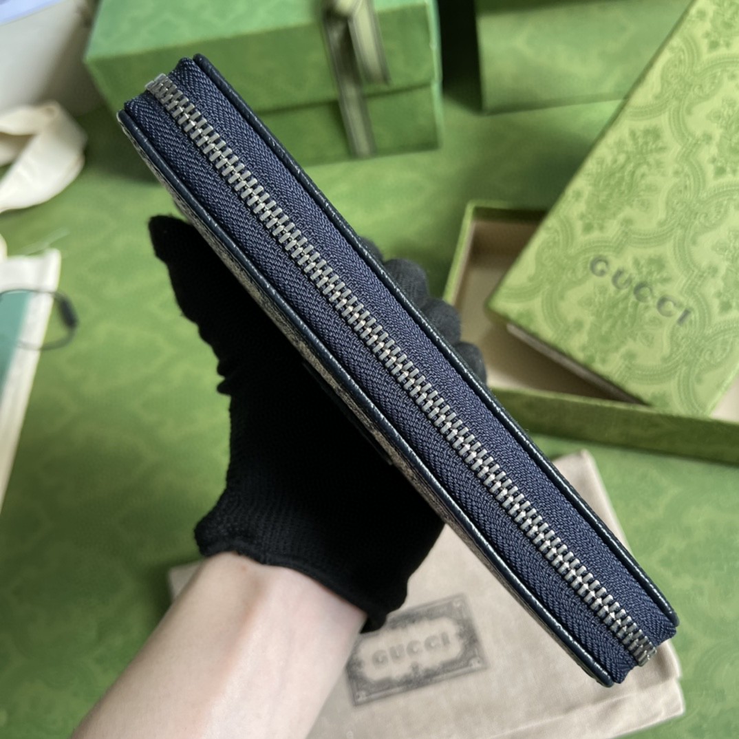 GUCCI 古驰 老花Logo 互扣式双G徽标 长款 拉链帆布拼皮革 钱夹 钱包 男女同款 蓝色 673003-K9GSN-4075