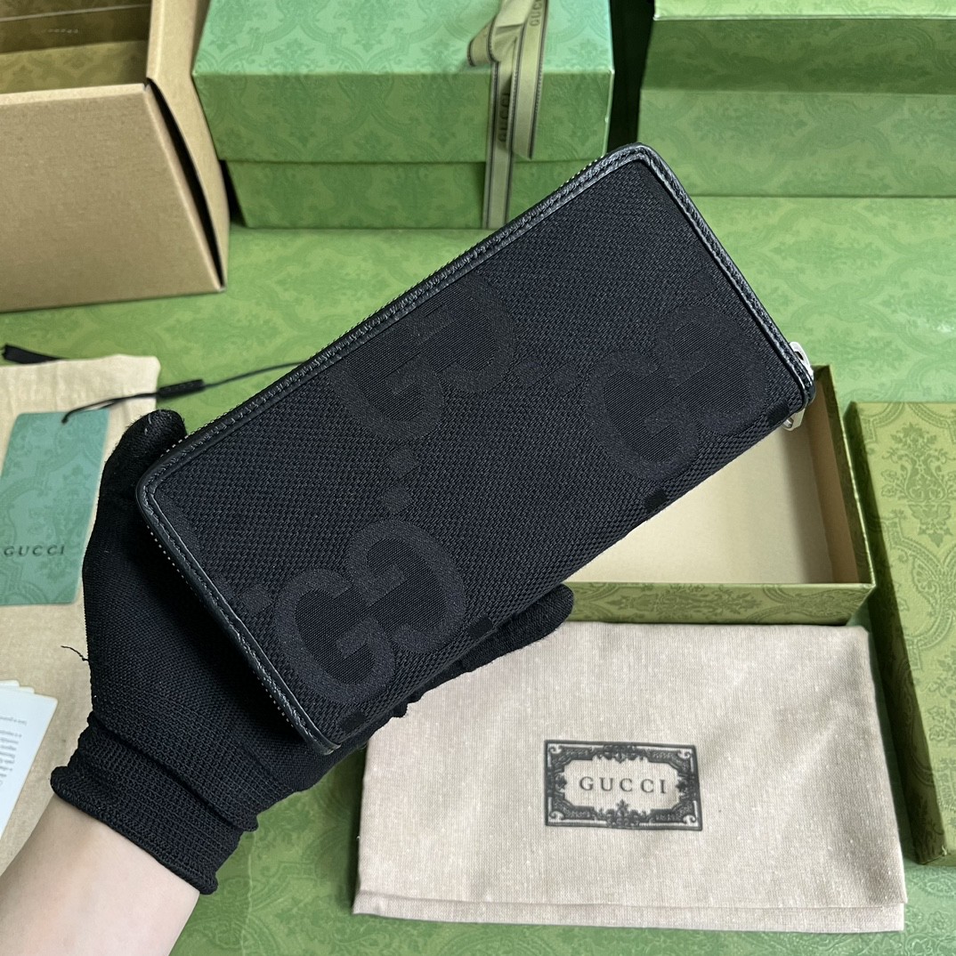 GUCCI 古驰 Jumbo GG 图案印花拉链帆布拼皮 钱夹 钱包 男款 黑色 699316-FABGN-1000