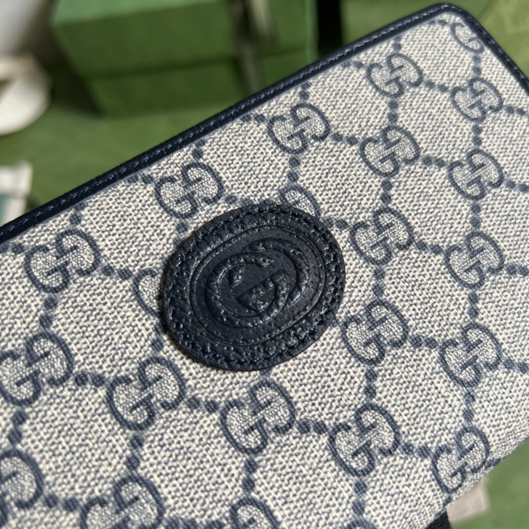 GUCCI 古驰 老花Logo 互扣式双G徽标 长款 拉链帆布拼皮革 钱夹 钱包 男女同款 蓝色 673003-K9GSN-4075
