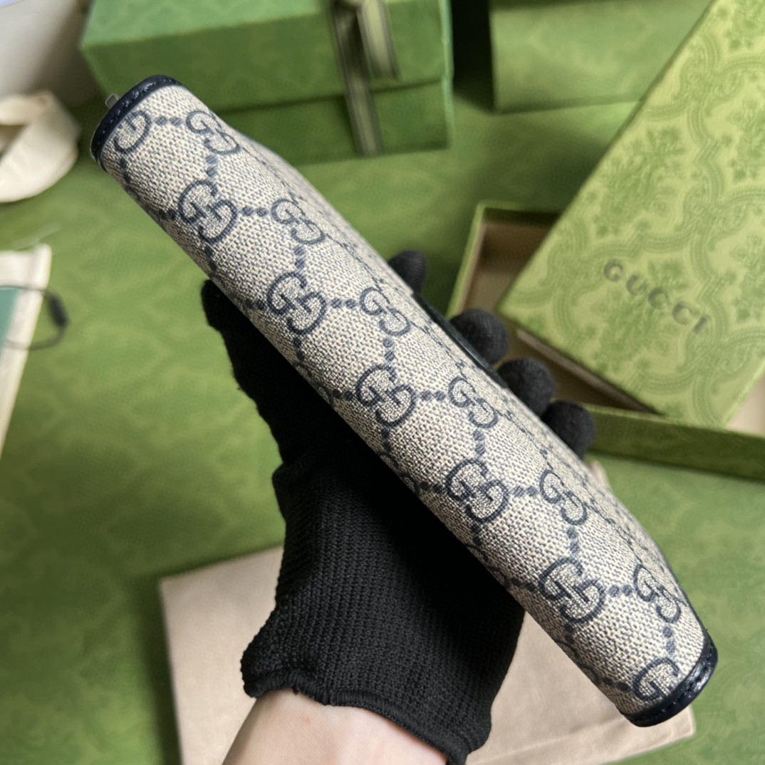 GUCCI 古驰 老花Logo 互扣式双G徽标 长款 拉链帆布拼皮革 钱夹 钱包 男女同款 蓝色 673003-K9GSN-4075