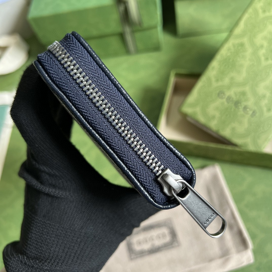 GUCCI 古驰 老花Logo 互扣式双G徽标 长款 拉链帆布拼皮革 钱夹 钱包 男女同款 蓝色 673003-K9GSN-4075