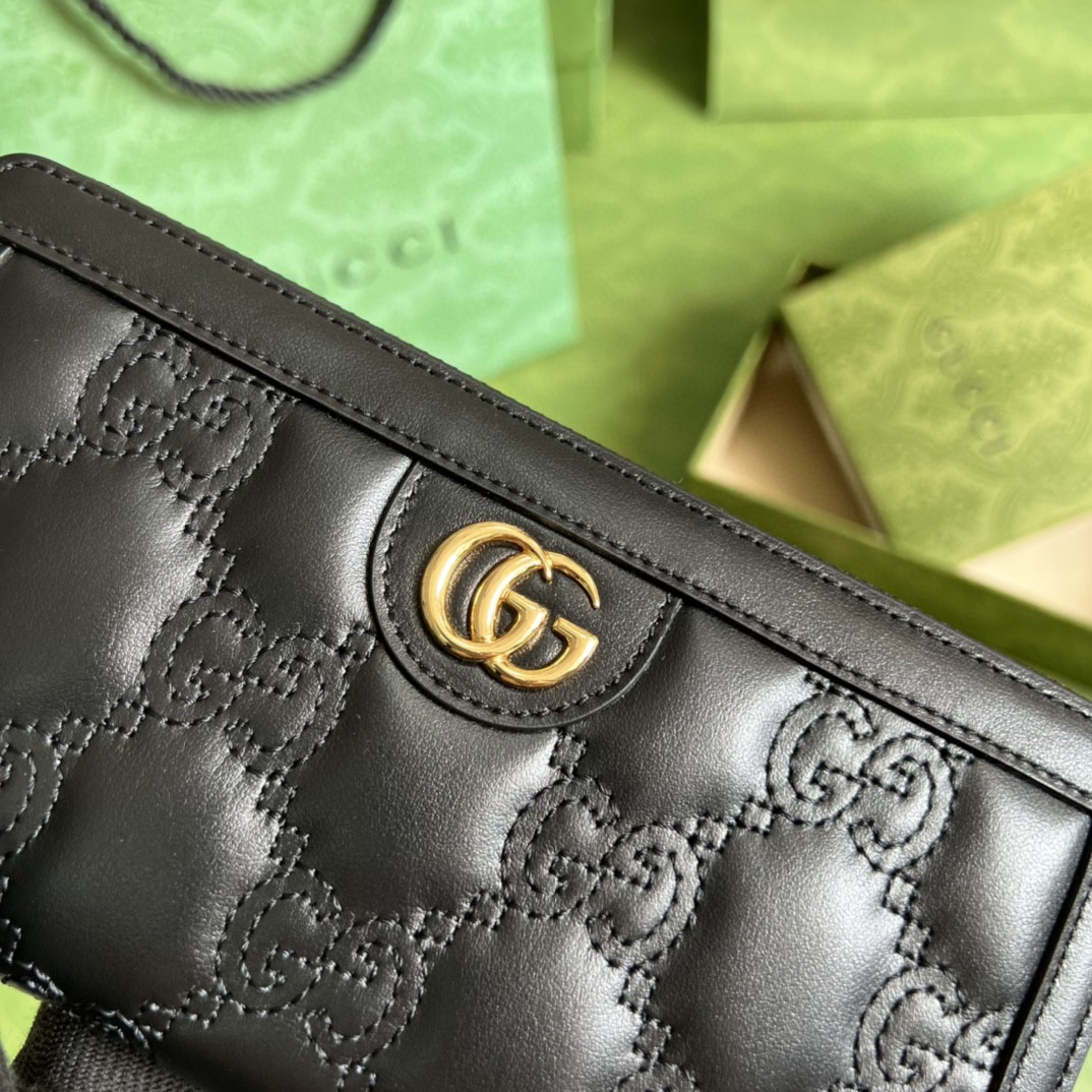 GUCCI 古驰 金属饰面拉链开合 双G珩缝 长款 皮革 钱包 女款 黑色 723784-UM8IG-1000