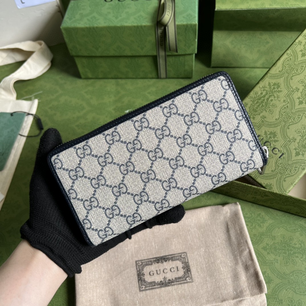 GUCCI 古驰 老花Logo 互扣式双G徽标 长款 拉链帆布拼皮革 钱夹 钱包 男女同款 蓝色 673003-K9GSN-4075