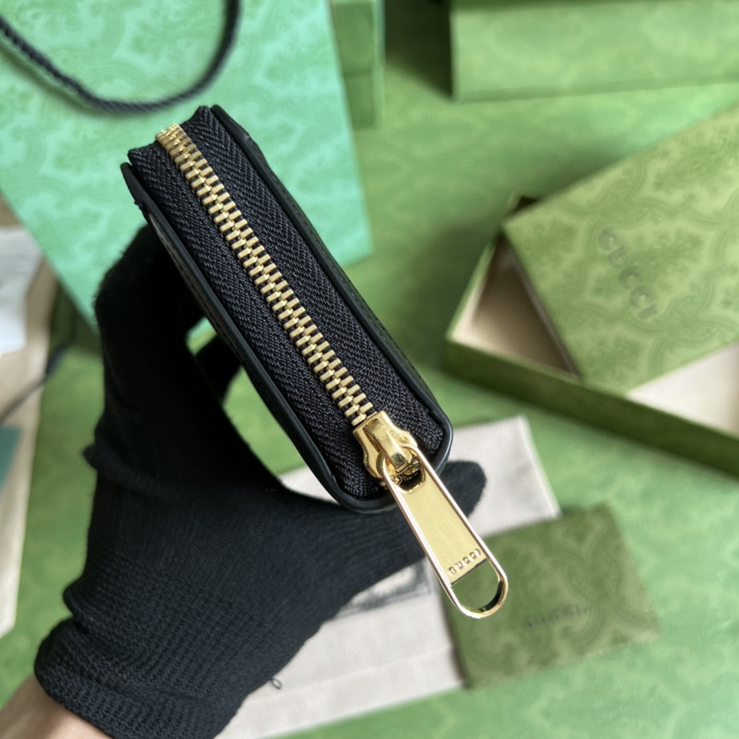 GUCCI 古驰 金属饰面拉链开合 双G珩缝 长款 皮革 钱包 女款 黑色 723784-UM8IG-1000