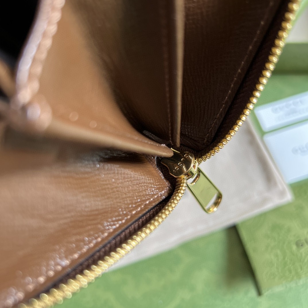 GUCCI 古驰 老花Logo 互扣式双G徽标 长款 拉链帆布拼皮 钱夹 钱包 男女同款 棕色 673003-92TCG-8563