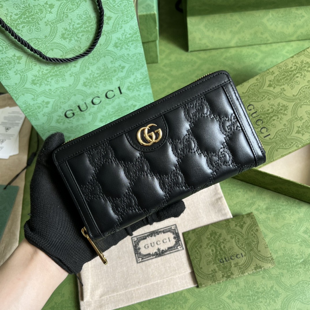 GUCCI 古驰 金属饰面拉链开合 双G珩缝 长款 皮革 钱包 女款 黑色 723784-UM8IG-1000
