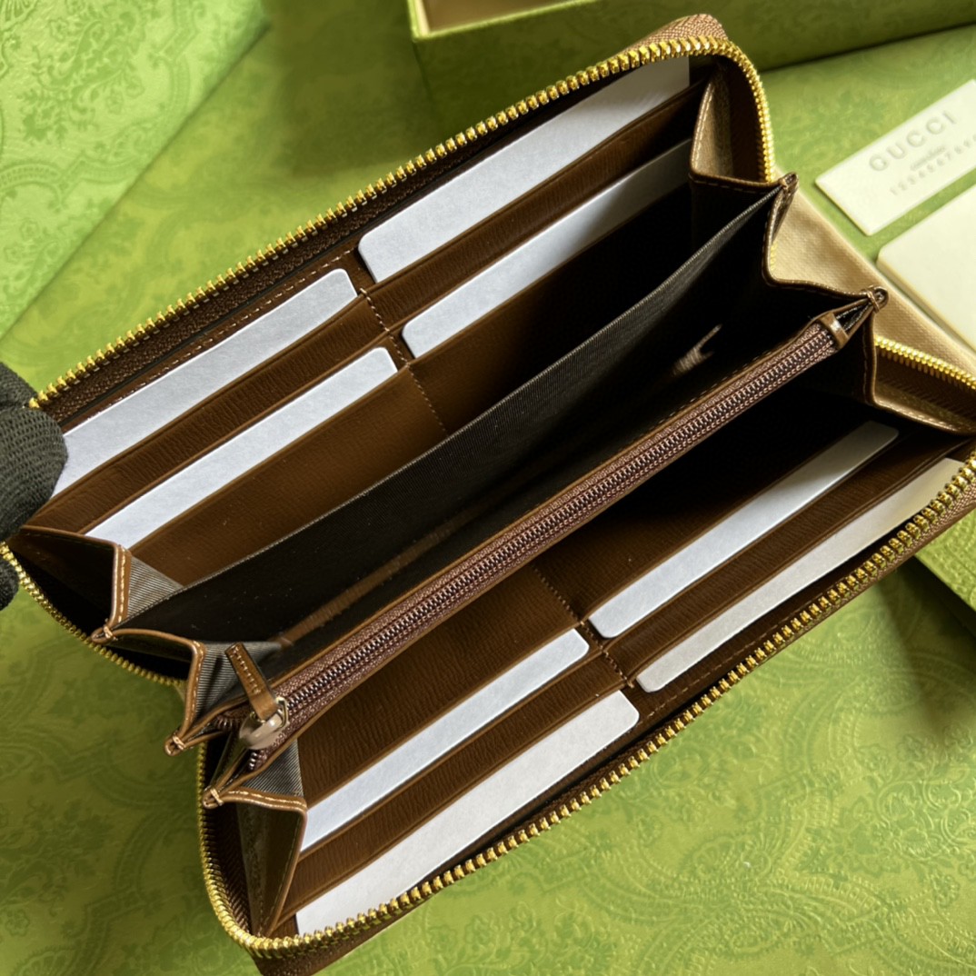GUCCI 古驰 老花Logo 互扣式双G徽标 长款 拉链帆布拼皮 钱夹 钱包 男女同款 棕色 673003-92TCG-8563