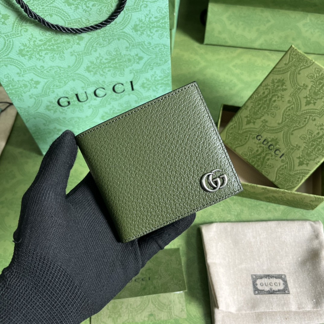 GUCCI 古驰 GG Marmont 系列马蒙银标Logo 短款 证件包 钱夹 钱包 男女同款 绿色 428726-DJ20F-3352