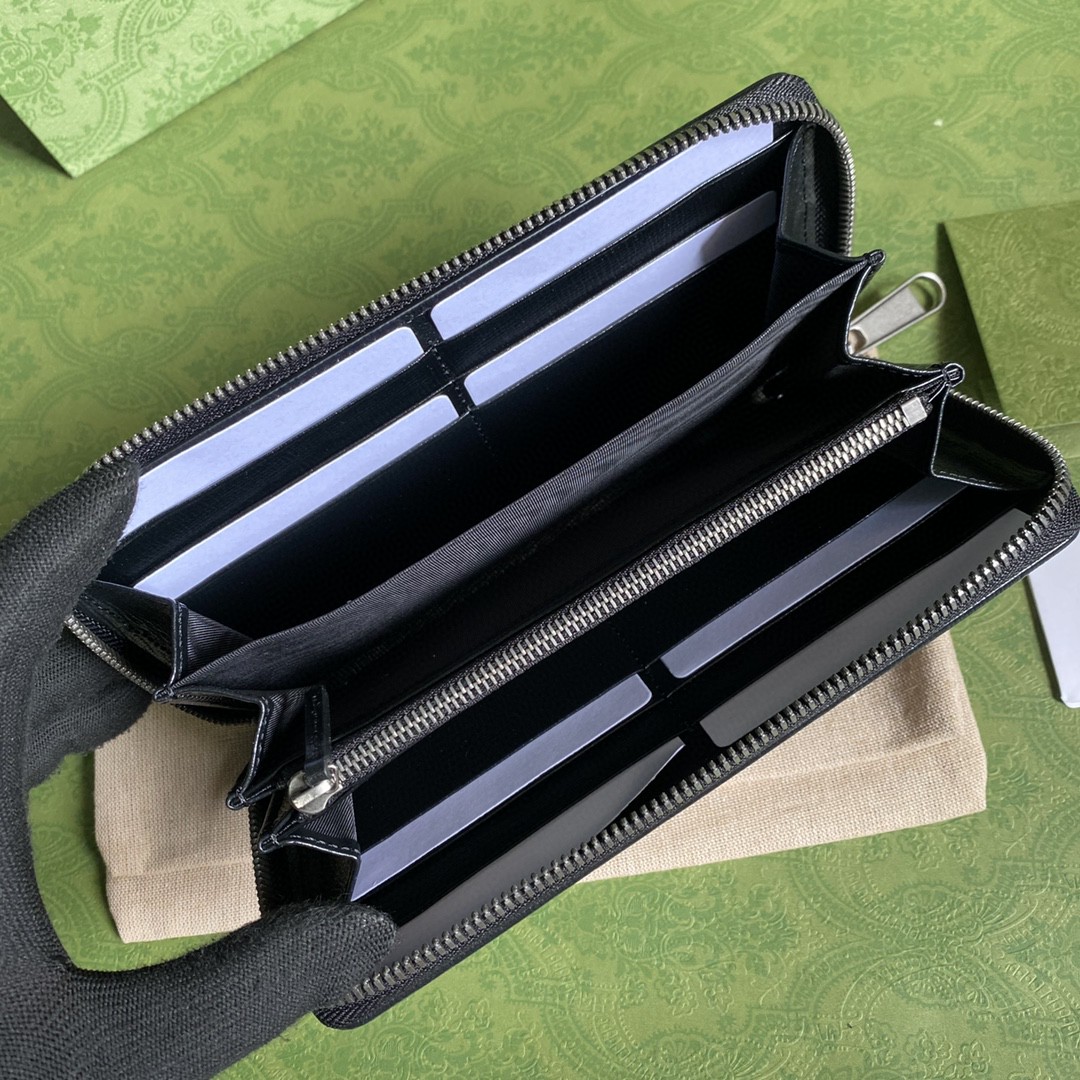 GUCCI 古驰 老花Logo 互扣式双G徽标 长款 拉链帆布拼皮 钱夹 钱包 男女同款 黑灰色 673003-92TCN-1000