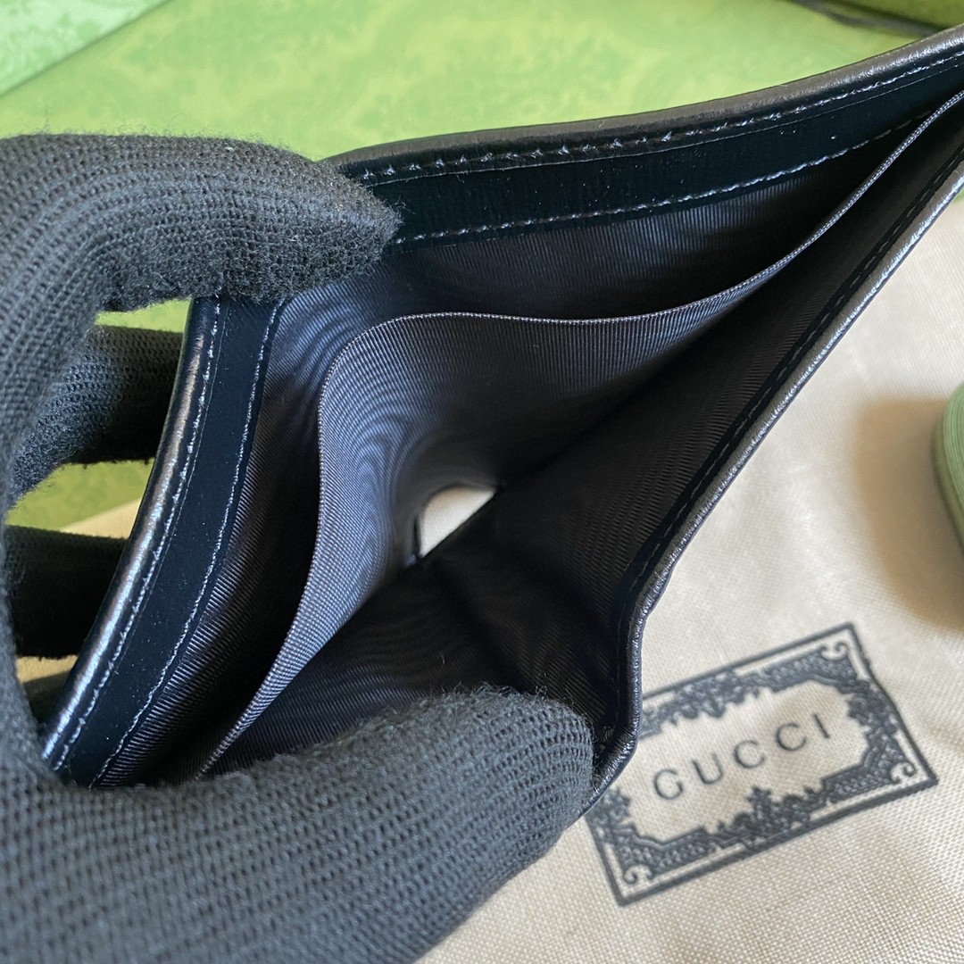 GUCCI 古驰 老花Logo 互扣式双G徽标 短款 双折帆布拼皮革 钱夹 钱包 男款 黑灰色 671652-92TCN-1000