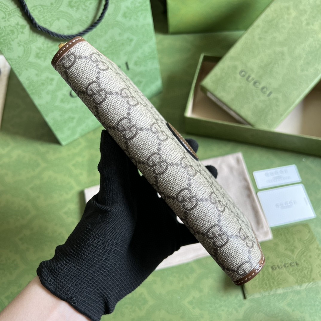 GUCCI 古驰 老花Logo 互扣式双G徽标 长款 拉链帆布拼皮 钱夹 钱包 男女同款 棕色 673003-92TCG-8563