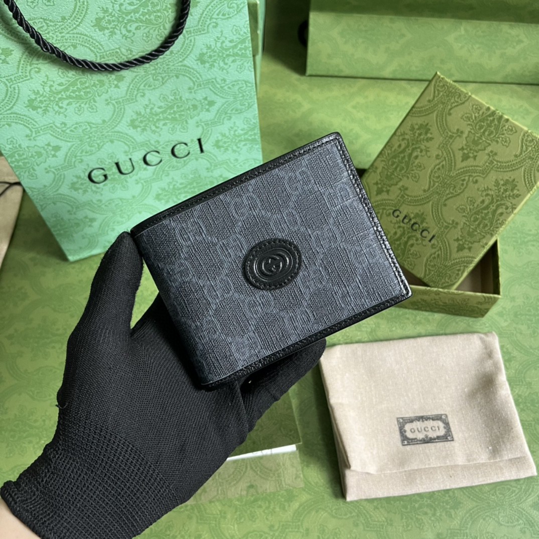 GUCCI 古驰老花 Logo 可拆卸卡片夹帆布拼皮革 卡包 钱夹 钱包 男款 黑灰色 723171-92TCF-1000
