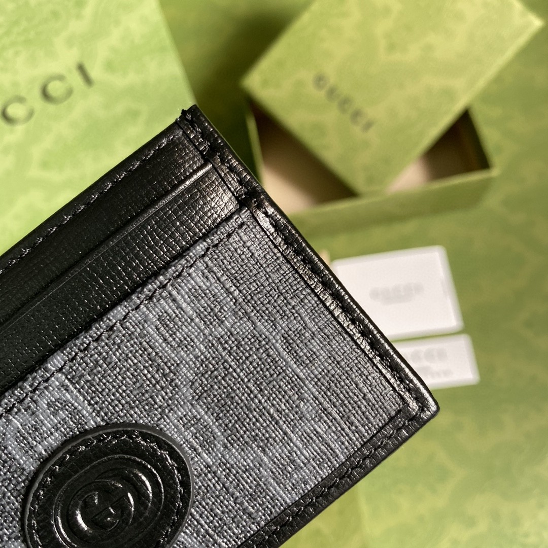 GUCCI 古驰 老花Logo 互扣式双G 徽标帆布拼皮 名片夹 卡夹 卡包 男款 黑灰色 673002-92TCN-1000