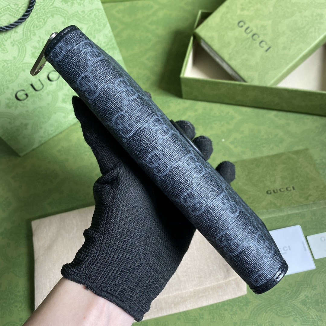 GUCCI 古驰 老花Logo 互扣式双G徽标 长款 拉链帆布拼皮 钱夹 钱包 男女同款 黑灰色 673003-92TCN-1000