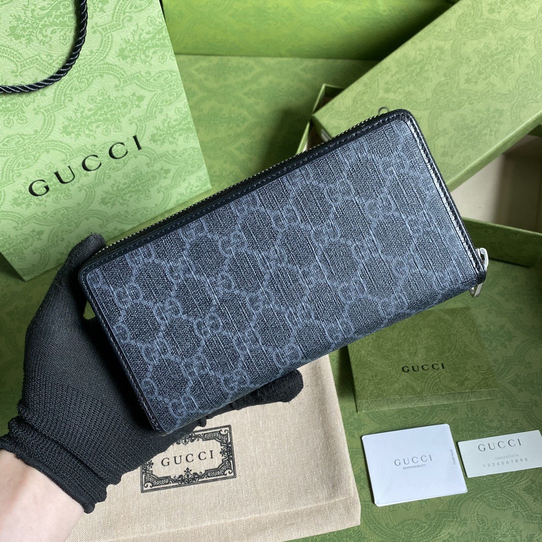 GUCCI 古驰 老花Logo 互扣式双G徽标 长款 拉链帆布拼皮 钱夹 钱包 男女同款 黑灰色 673003-92TCN-1000