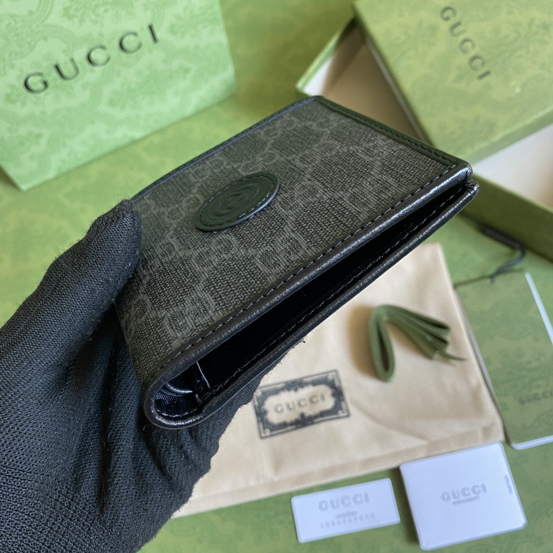 GUCCI 古驰 老花Logo 互扣式双G徽标 短款 双折帆布拼皮革 钱夹 钱包 男款 黑灰色 671652-92TCN-1000