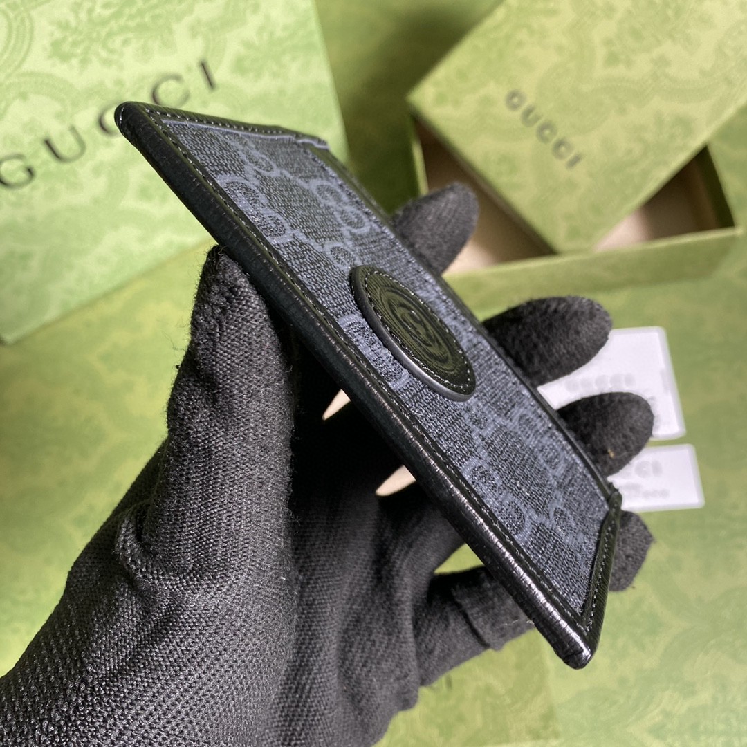 GUCCI 古驰 老花Logo 互扣式双G 徽标帆布拼皮 名片夹 卡夹 卡包 男款 黑灰色 673002-92TCN-1000