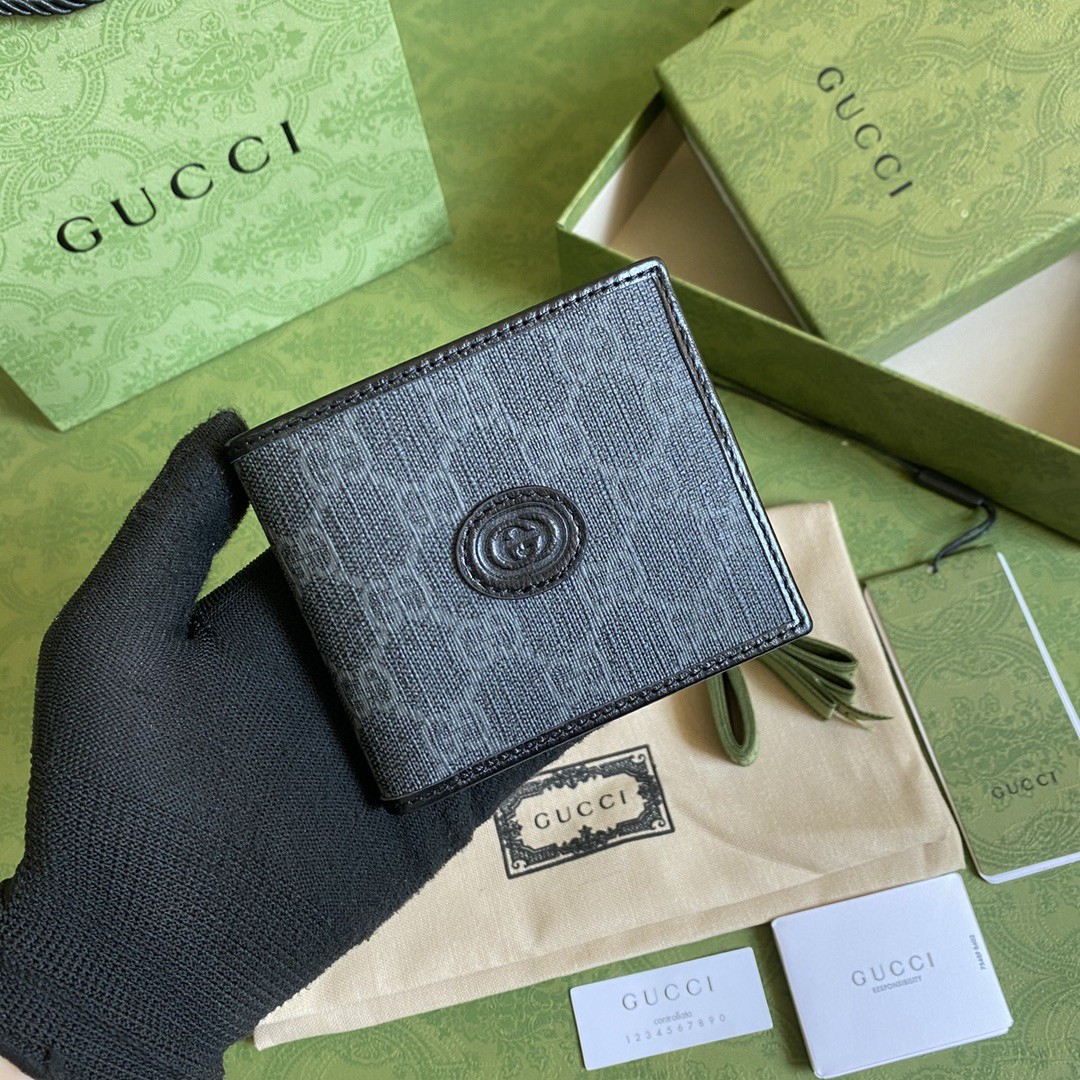 GUCCI 古驰 老花Logo 互扣式双G徽标 短款 双折帆布拼皮革 钱夹 钱包 男款 黑灰色 671652-92TCN-1000