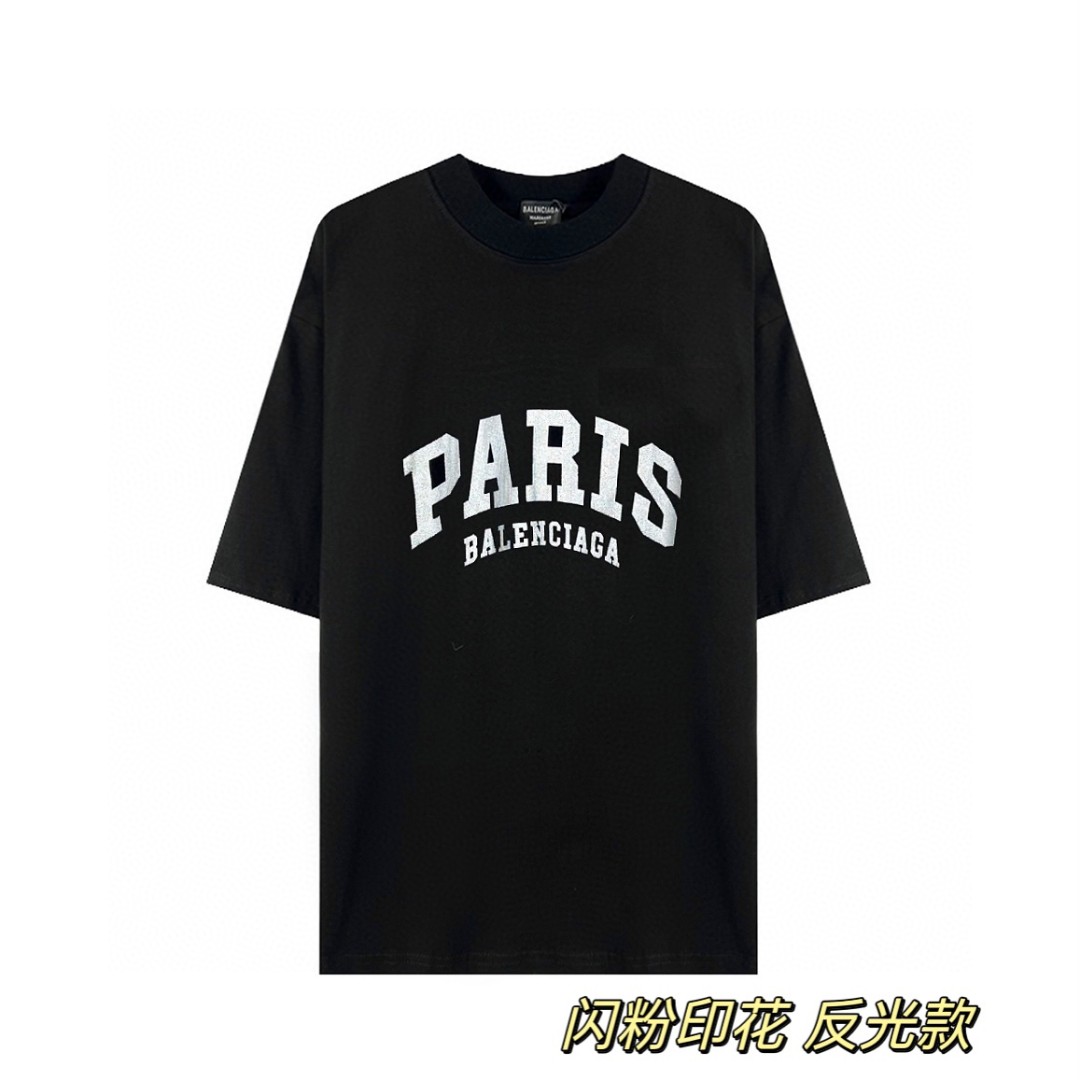 Balenciaga 巴黎世家 闪粉印花反光字母 短袖 T恤 圆领 夏季 男女同款 黑色 