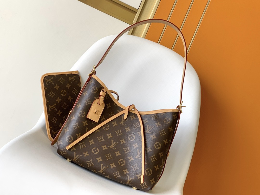 LOUIS VUITTON Carryal PM 经典老花满印涂层帆布拼牛皮饰边 子母包 单肩包 手提包 腋下包 女款 小号 棕色 M46203