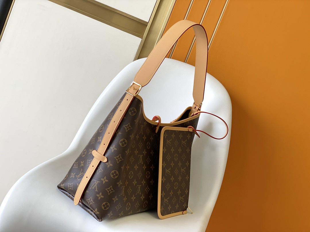 LOUIS VUITTON Carryall PM 经典老花满印涂层帆布拼牛皮饰边 子母包 单肩包 手提包 腋下包 女款 中号 棕色 M46197