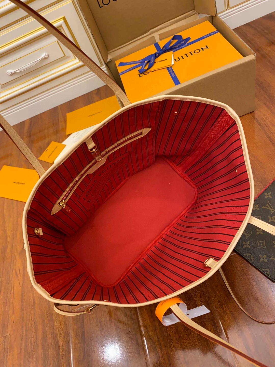 LOUIS VUITTON NEVERFULL MM 老花配色涂层帆布拼牛皮饰边 单肩包 手提包 托特包 女款 中号 棕色 M41177