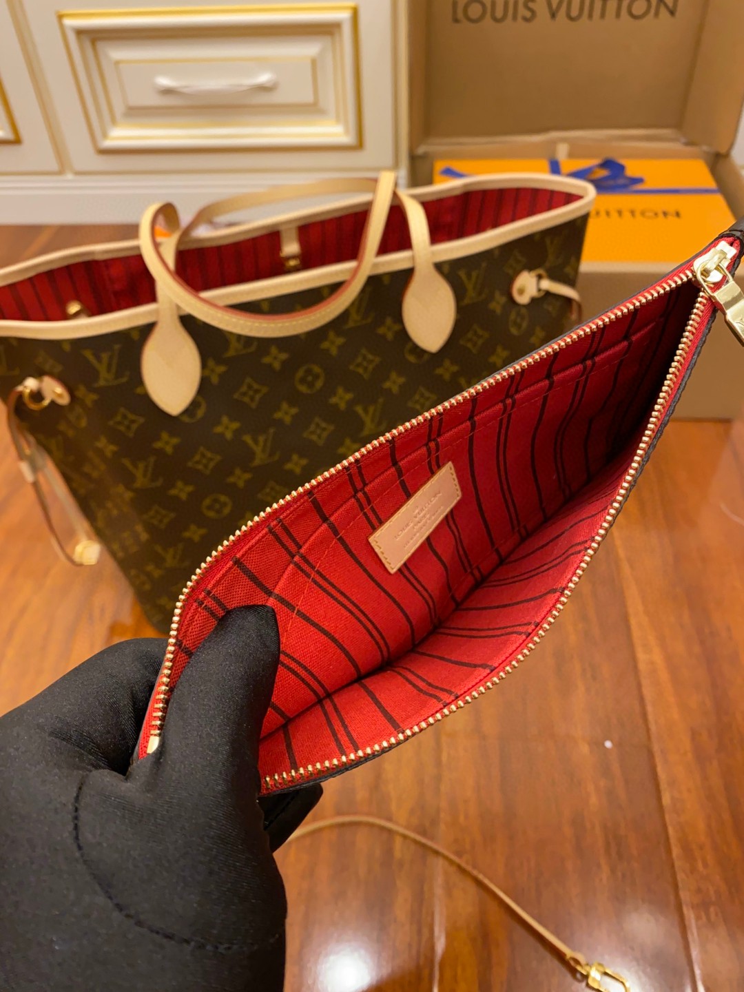 LOUIS VUITTON NEVERFULL MM 老花配色涂层帆布拼牛皮饰边 单肩包 手提包 托特包 女款 中号 棕色 M41177