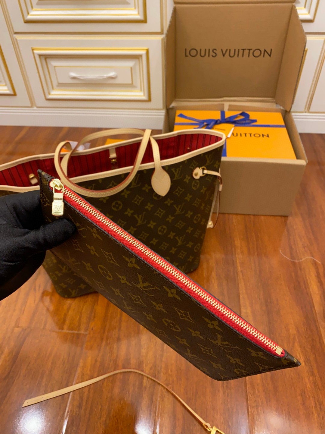 LOUIS VUITTON NEVERFULL MM 老花配色涂层帆布拼牛皮饰边 单肩包 手提包 托特包 女款 中号 棕色 M41177