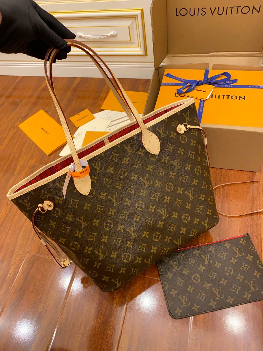 LOUIS VUITTON NEVERFULL MM 老花配色涂层帆布拼牛皮饰边 单肩包 手提包 托特包 女款 中号 棕色 M41177