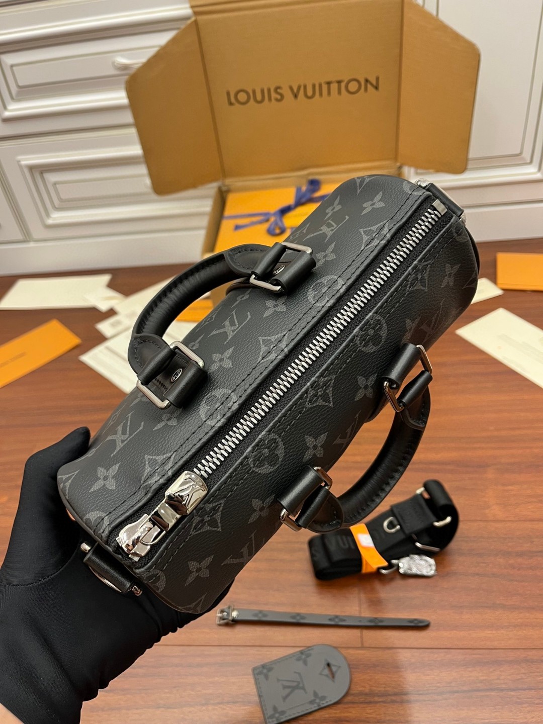 LOUIS VUITTON keepall 25金属件黑色老花可调节肩带 斜挎包 单肩包 手提包 深蓝色 M46271