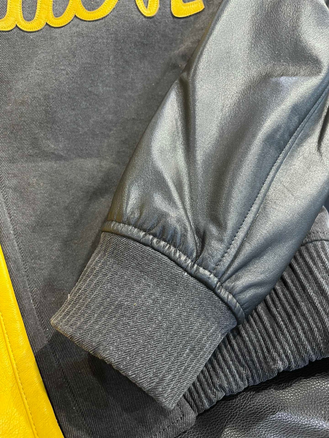 高定系列 LOUIS VUITTON 路易威登 撞色字母印花拉链飞行员 夹克 棒球服 皮衣 外套 长袖 男款 黑黄 1AB989