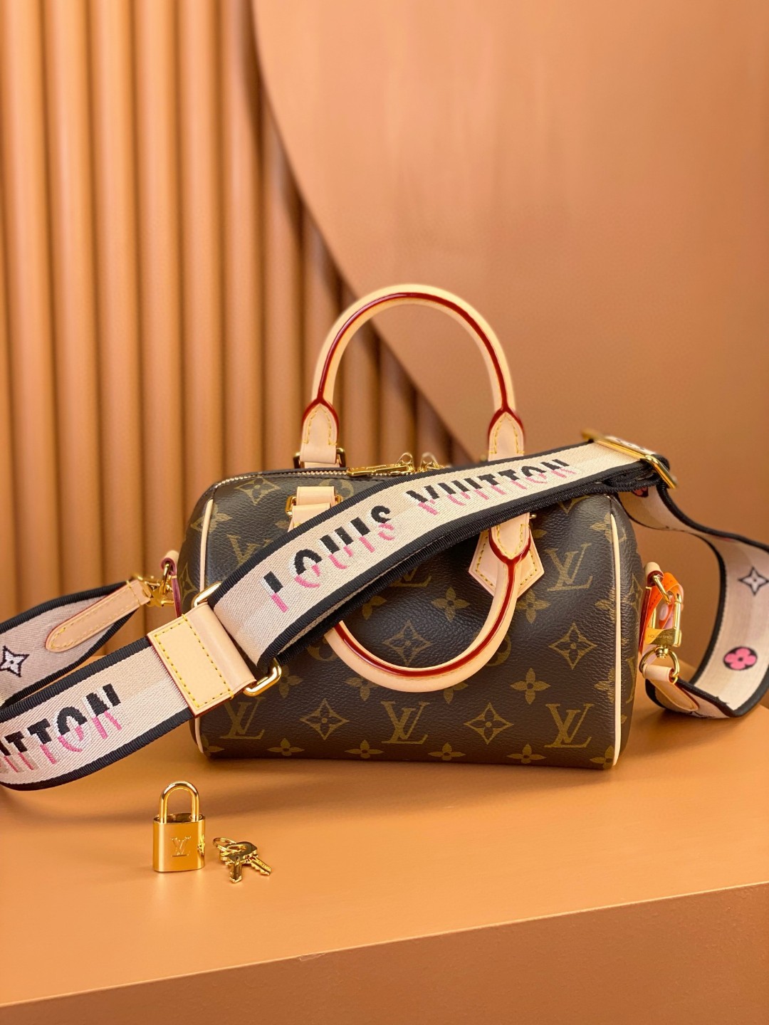 LOUIS VUITTON 路易威登 Speedy 20 经典老花满印刺绣Logo肩带帆布拼皮 斜挎包 单肩包 手提包 黑棕色 M46234