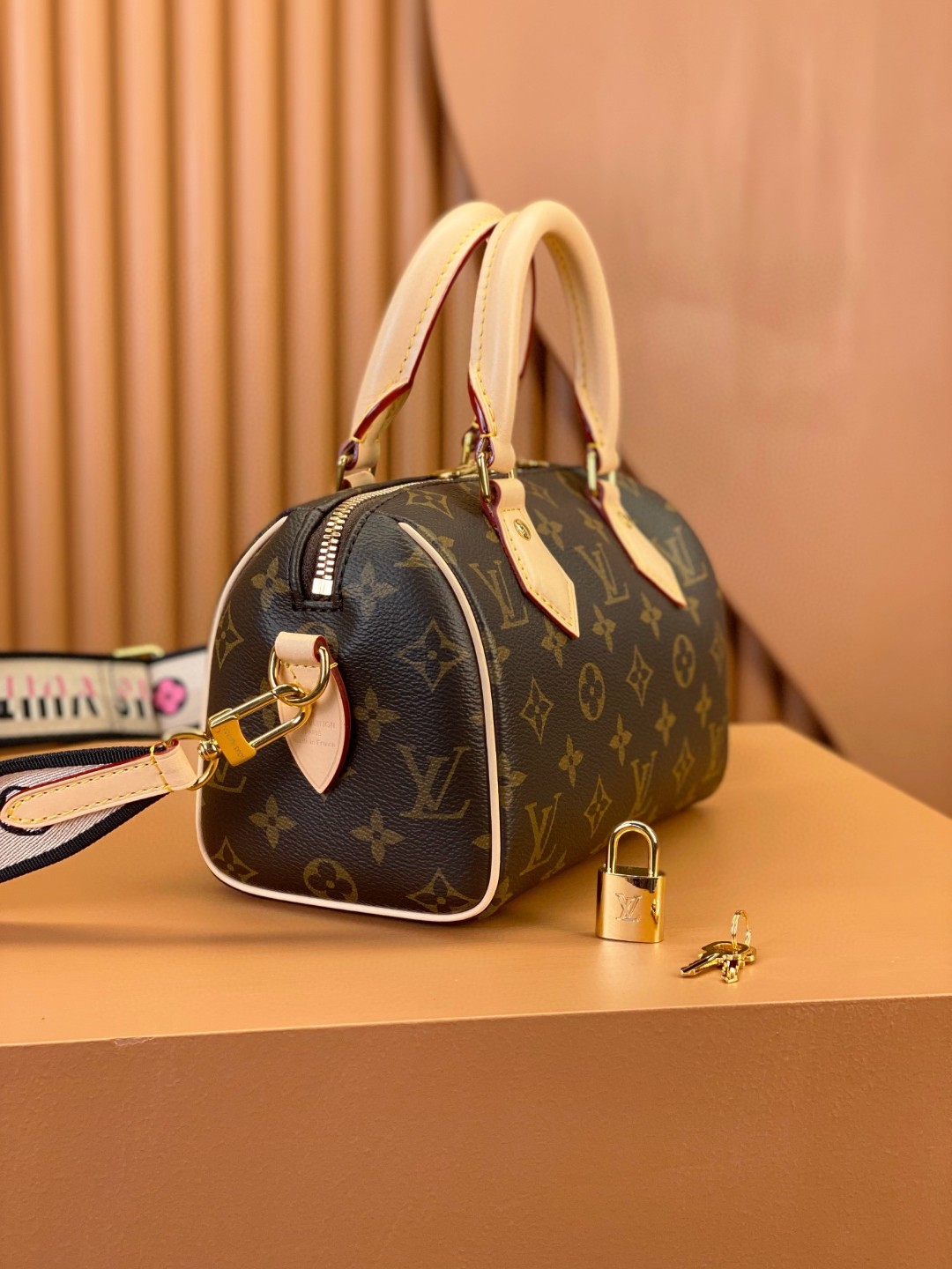 LOUIS VUITTON 路易威登 Speedy 20 经典老花满印刺绣Logo肩带帆布拼皮 斜挎包 单肩包 手提包 黑棕色 M46234