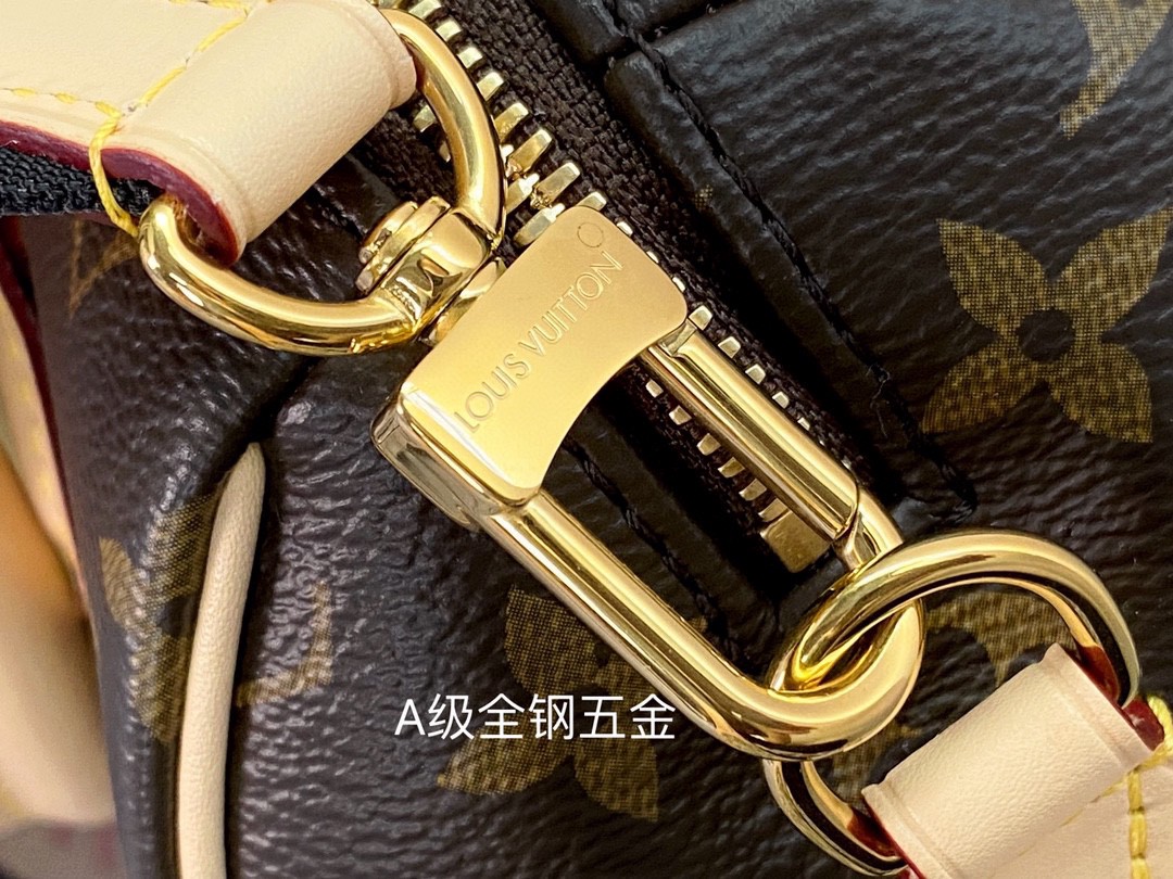 LOUIS VUITTON 路易威登 Speedy 20 经典老花满印刺绣Logo肩带帆布拼皮 斜挎包 单肩包 手提包 黑棕色 M46234