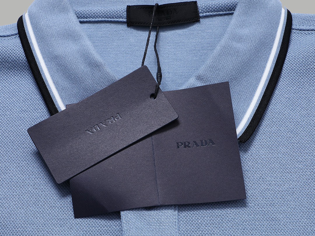 PRADA 普拉达 徽标撞色螺纹 Polo衫 长袖 休闲 男款 浅蓝色