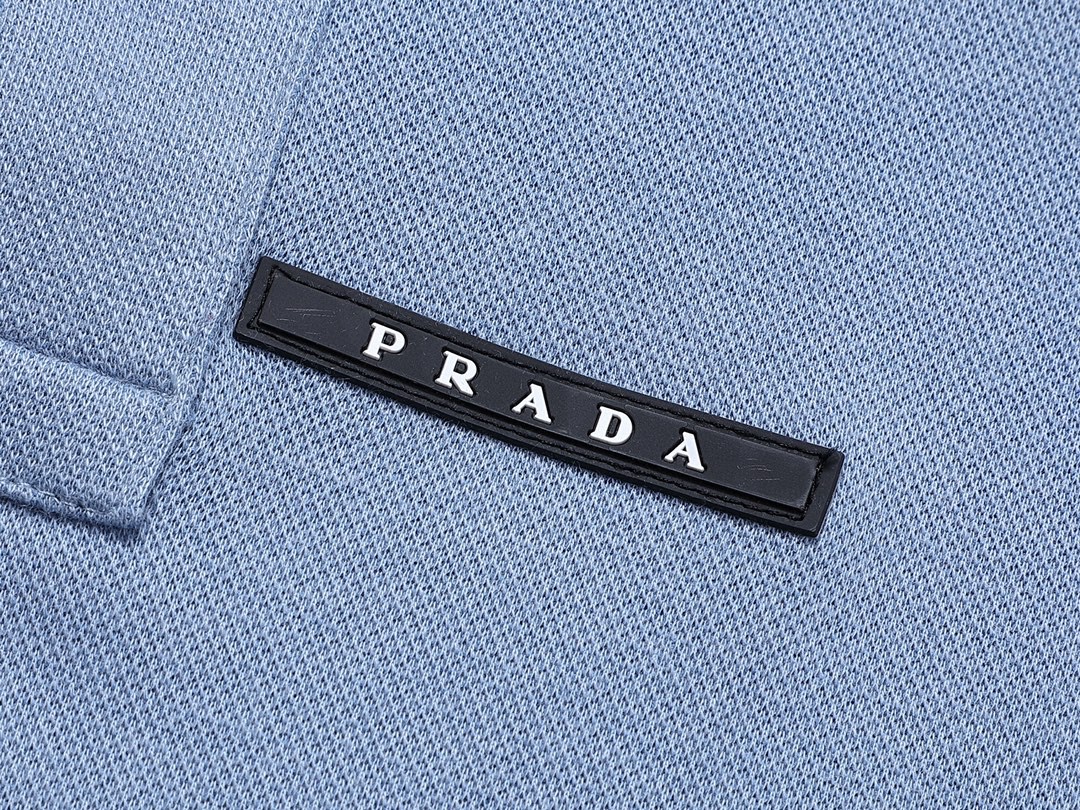 PRADA 普拉达 徽标撞色螺纹 Polo衫 长袖 休闲 男款 浅蓝色